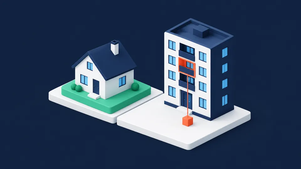 Isometrisk illustration af et hus på et grønt fundament ved siden af en etageejendom, hvor én lejlighed er orange