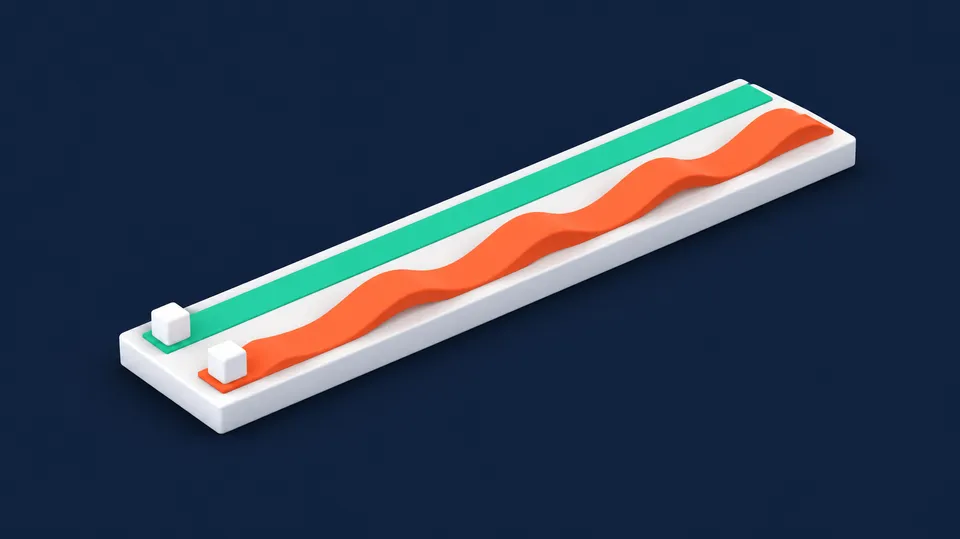 Isometrisk illustration af en lige grøn bane ved siden af en bølgende orange bane