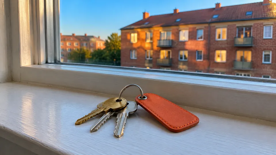 Et nøglebundt med et orange mærke i en vindueskarm med en murstensejendom i baggrunden